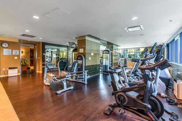 Fitness Equipment, Gym, Interior, Recessed Lighting, Wood Texture Flooring