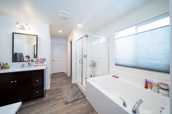 Bathroom, Glass Shower, Interior, Recessed Lighting, Wood Texture Flooring