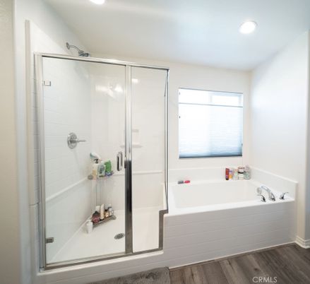 Bathroom, Glass Shower, Interior, Recessed Lighting, Wood Texture Flooring