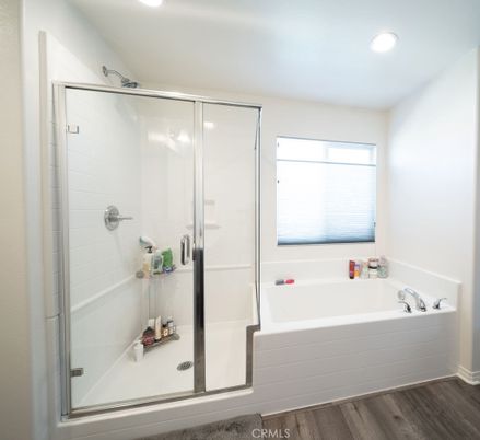 Bathroom, Glass Shower, Interior, Recessed Lighting, Wood Texture Flooring