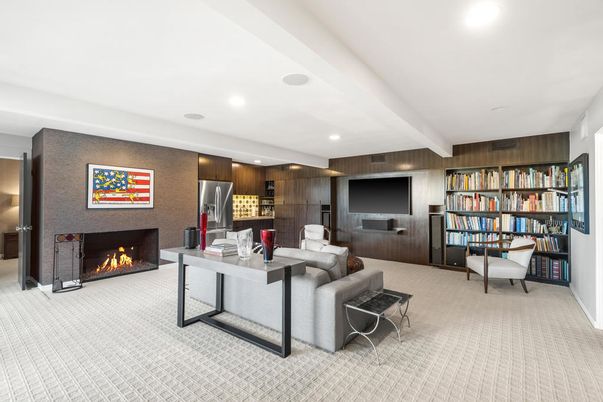 Fireplace, Interior, Living room, Recessed Lighting, Wooden Walls