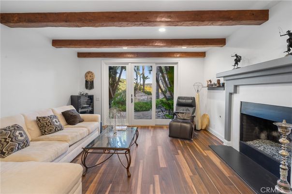 Fireplace, Interior, Living room, Recessed Lighting, Wooden Beams, Wood Texture Flooring