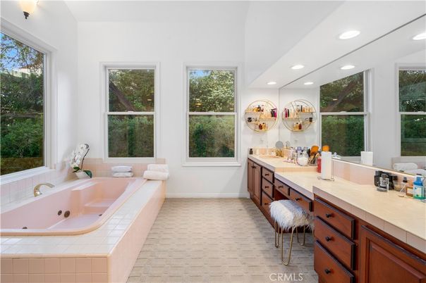 Bathroom, Dual Sink Vanities, Interior, Recessed Lighting, Tile Countertops