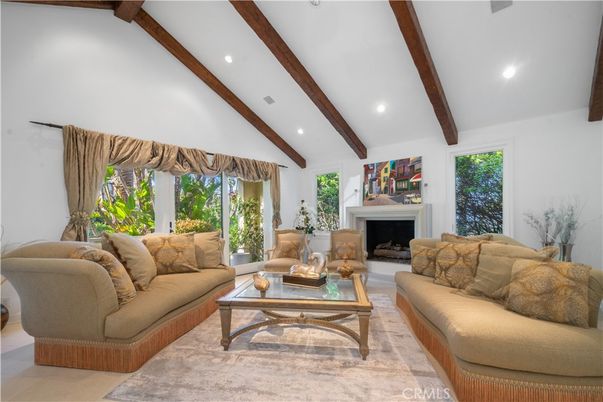 Fireplace, Interior, Living room, Recessed Lighting, Wooden Beams