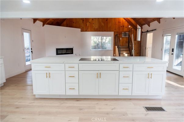 Fireplace, Interior, Kitchen, Recessed Lighting, Wooden Beams, Wooden Ceilings, Wood Texture Flooring