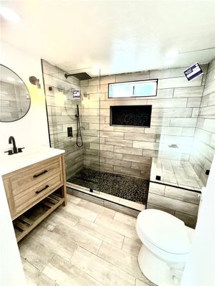 Bathroom, Glass Shower, Interior, Wood Texture Flooring