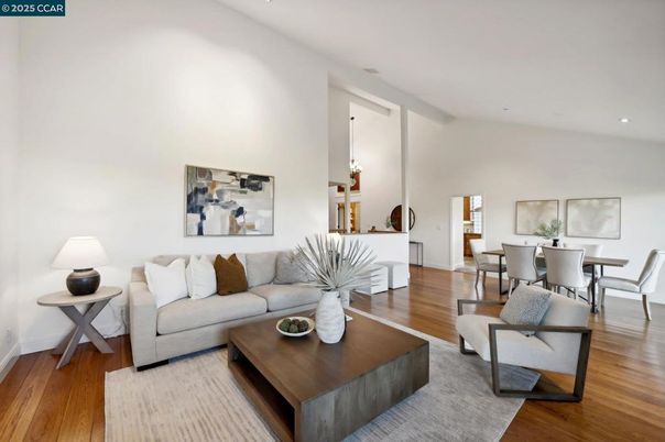 Dining room, Interior, Living room, Recessed Lighting, Wood Texture Flooring