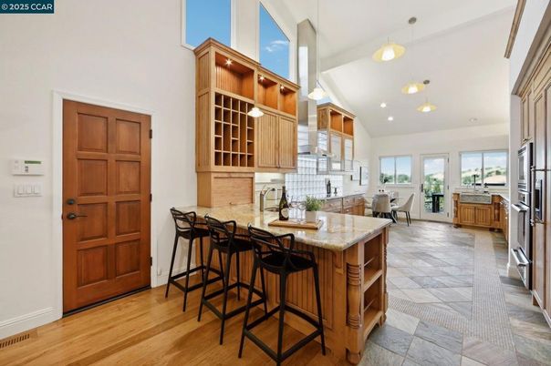 Dining room, Interior, Kitchen, Pendant Lights, Recessed Lighting, Wood Texture Flooring