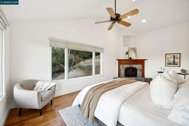 Bedroom, Fireplace, Interior, Recessed Lighting, Wood Texture Flooring