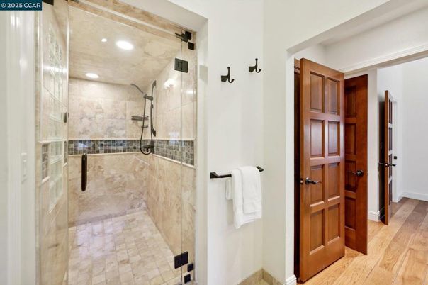 Bathroom, Glass Shower, Interior, Recessed Lighting, Wood Texture Flooring