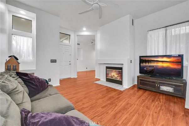 Fireplace, Interior, Living room, Recessed Lighting, Wood Texture Flooring