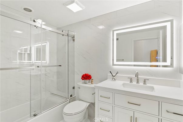 Bathroom, Glass Shower, Interior, Marble Walls, Recessed Lighting