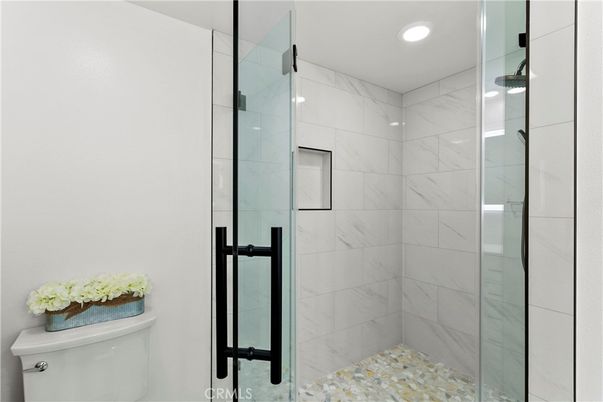 Bathroom, Glass Shower, Interior, Marble Walls, Recessed Lighting