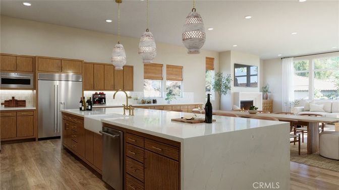 Dining room, Fireplace, Interior, Kitchen, Pendant Lights, Recessed Lighting, Stainless Steel Appliances, Wood Texture Flooring