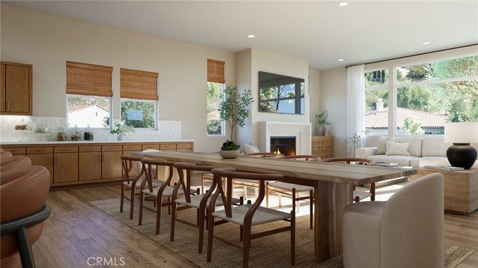 Dining room, Fireplace, Interior, Living room, Recessed Lighting, Wood Texture Flooring