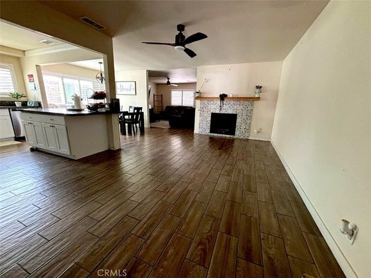 Dining room, Fireplace, Interior, Kitchen, Wood Texture Flooring
