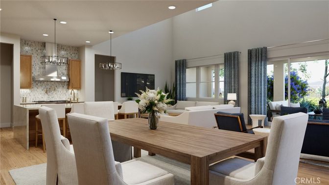 Dining room, Interior, Living room, Pendant Lights, Recessed Lighting, Wood Texture Flooring