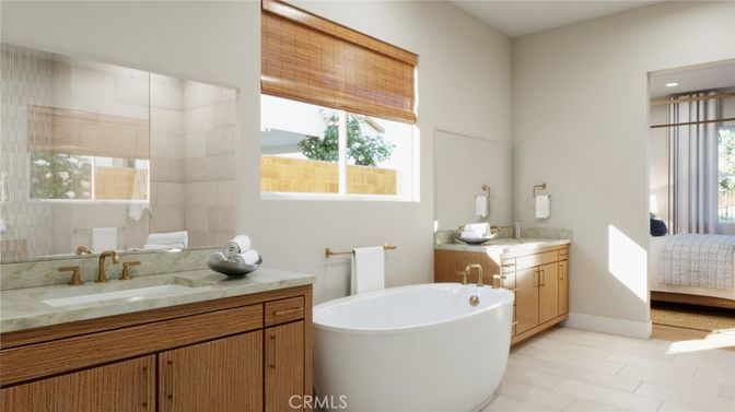 Bathroom, Dual Sink Vanities, Free Standing Baths, Interior, Recessed Lighting, Wood Texture Flooring