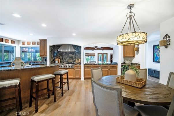 Dining room, Interior, Kitchen, Pendant Lights, Recessed Lighting, Wood Texture Flooring