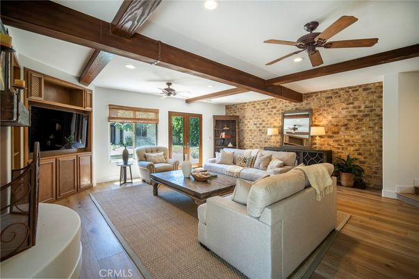 Interior, Living room, Recessed Lighting, Stone Walls, Wooden Beams, Wood Texture Flooring