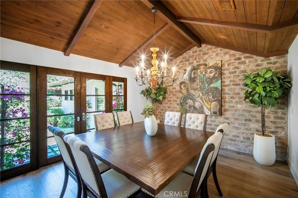 Chandelier, Dining room, Interior, Pendant Lights, Stone Walls, Wooden Beams, Wooden Ceilings, Wood Texture Flooring