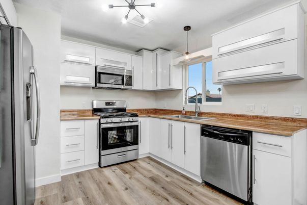 Interior, Kitchen, Pendant Lights, Stainless Steel Appliances, Wood Texture Flooring