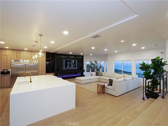 Interior, Kitchen, Living room, Pendant Lights, Recessed Lighting, Stainless Steel Appliances, Water, Wood Texture Flooring