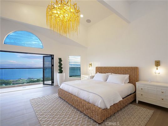 Bedroom, Chandelier, Interior, Recessed Lighting, Water, Wood Texture Flooring