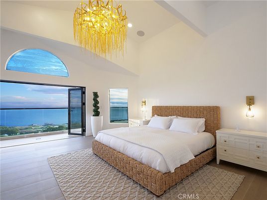 Bedroom, Chandelier, Interior, Recessed Lighting, Water, Wood Texture Flooring