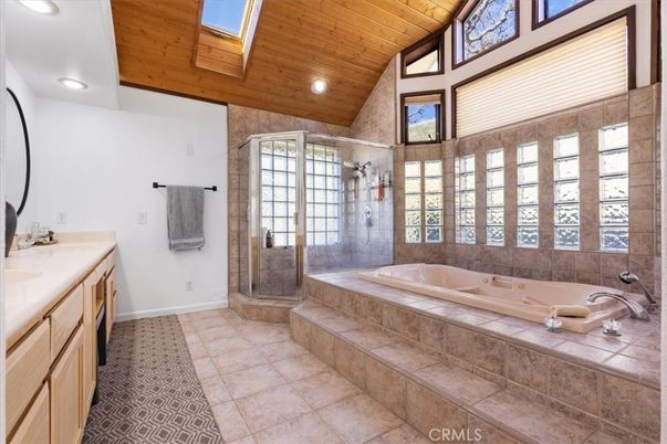 Bathroom, Dual Sink Vanities, Glass Shower, Interior, Recessed Lighting, Wooden Ceilings