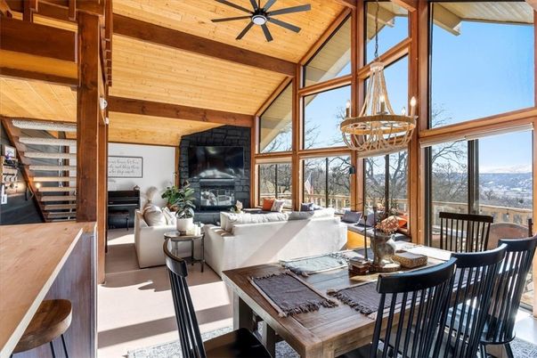 Chandelier, Dining room, Fireplace, Interior, Living room, Wooden Beams, Wooden Ceilings