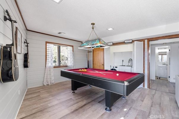Billiard Table, Game Room, Interior, Pendant Lights, Wood Texture Flooring