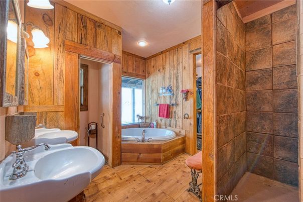 Bathroom, Dual Sink Vanities, Interior, Recessed Lighting, Wood Texture Flooring, Wooden Walls