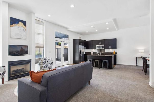 Fireplace, Interior, Kitchen, Living room, Recessed Lighting, Stainless Steel Appliances