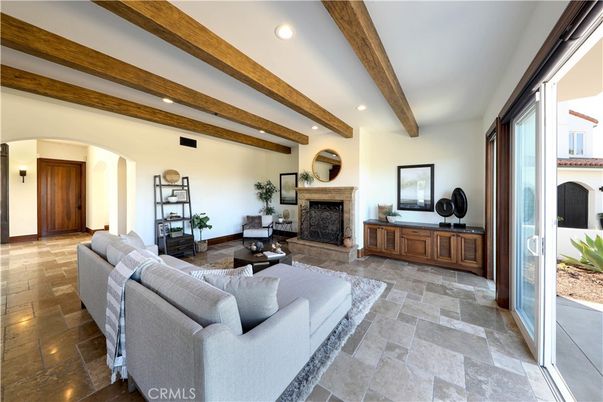Fireplace, Interior, Living room, Recessed Lighting, Wooden Beams