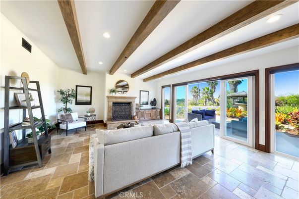 Fireplace, Interior, Living room, Recessed Lighting, Wooden Beams