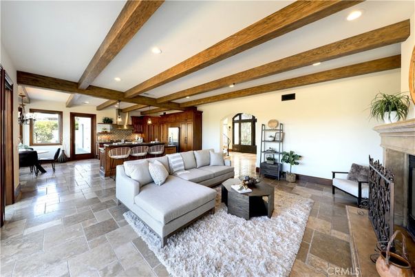 Dining room, Fireplace, Interior, Kitchen, Living room, Pendant Lights, Recessed Lighting, Wooden Beams