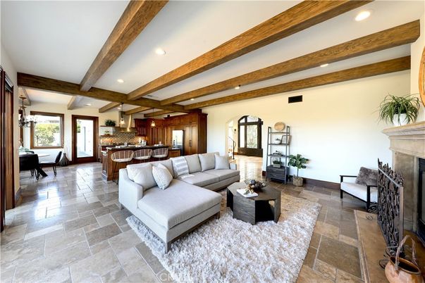 Dining room, Fireplace, Interior, Kitchen, Living room, Pendant Lights, Recessed Lighting, Wooden Beams
