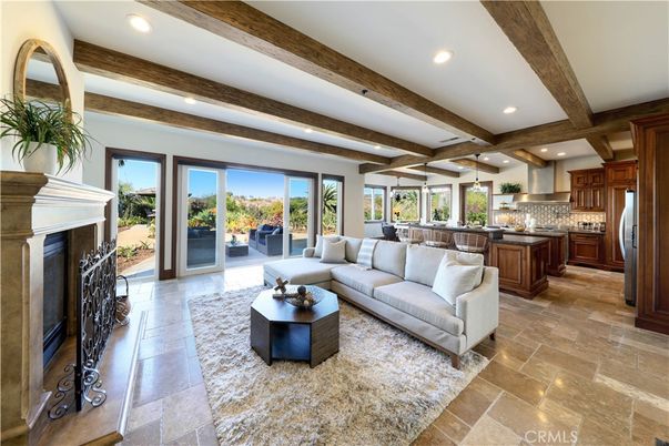 Fireplace, Interior, Kitchen, Living room, Pendant Lights, Recessed Lighting, Stainless Steel Appliances, Wooden Beams