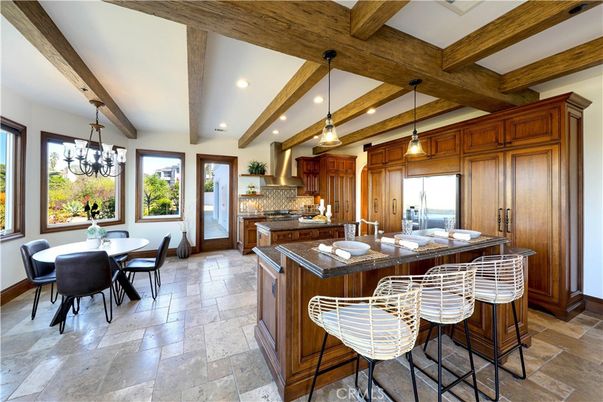 Chandelier, Dining room, Interior, Kitchen, Pendant Lights, Recessed Lighting, Wooden Beams