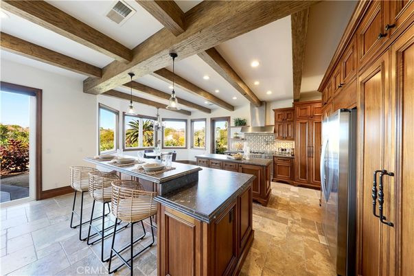 Dining room, Interior, Kitchen, Pendant Lights, Recessed Lighting, Stainless Steel Appliances, Wooden Beams