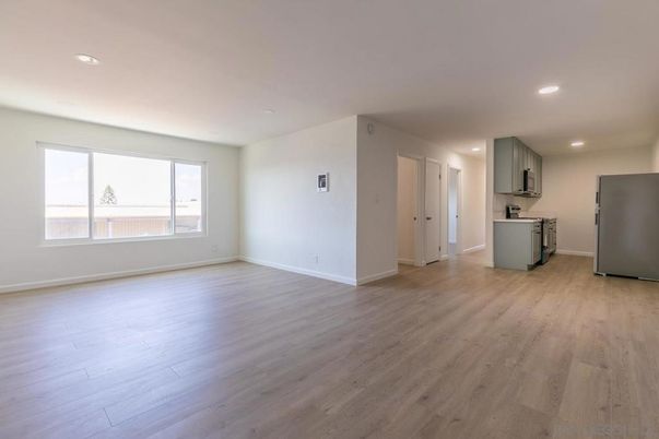 Empty room, Interior, Kitchen, Recessed Lighting, Wood Texture Flooring