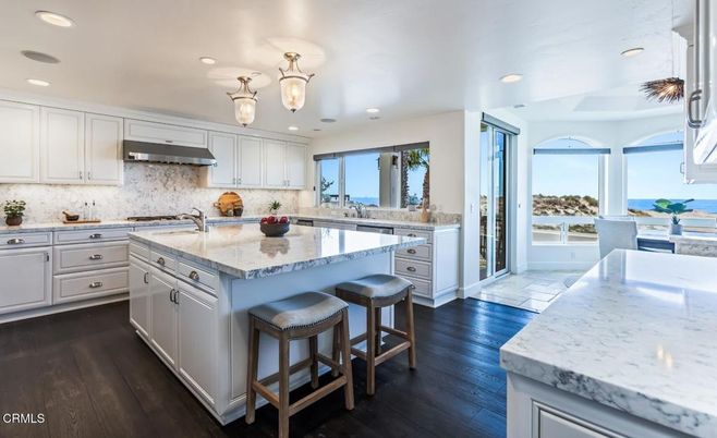 Interior, Kitchen, Pendant Lights, Recessed Lighting, Stainless Steel Appliances, Water, Wood Texture Flooring