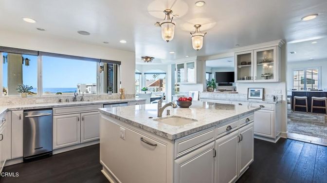 Interior, Kitchen, Pendant Lights, Recessed Lighting, Stainless Steel Appliances, Water, Wood Texture Flooring
