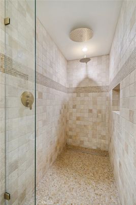 Bathroom, Glass Shower, Interior, Recessed Lighting, Stone Walls
