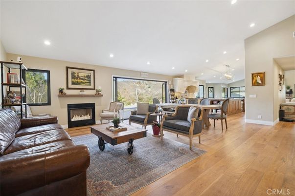 Dining room, Fireplace, Interior, Kitchen, Living room, Pendant Lights, Recessed Lighting, Wood Texture Flooring