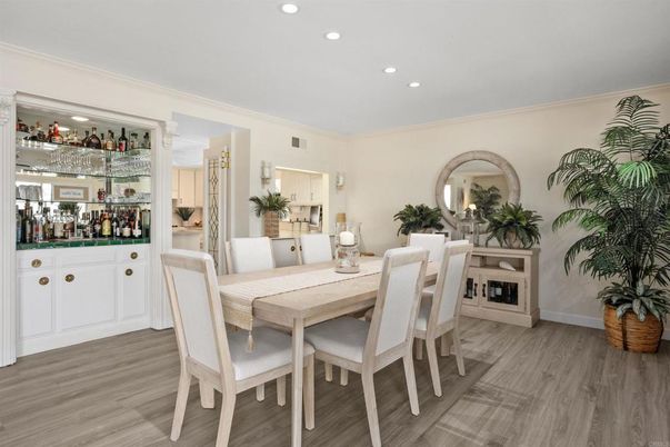 Dining room, Interior, Recessed Lighting, Wood Texture Flooring