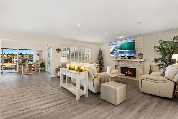 Dining room, Fireplace, Interior, Living room, Recessed Lighting, Wood Texture Flooring