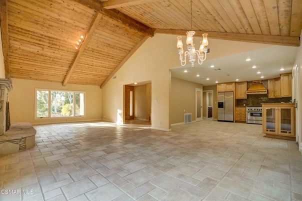 Chandelier, Interior, Kitchen, Recessed Lighting, Stainless Steel Appliances, Wooden Beams, Wooden Ceilings