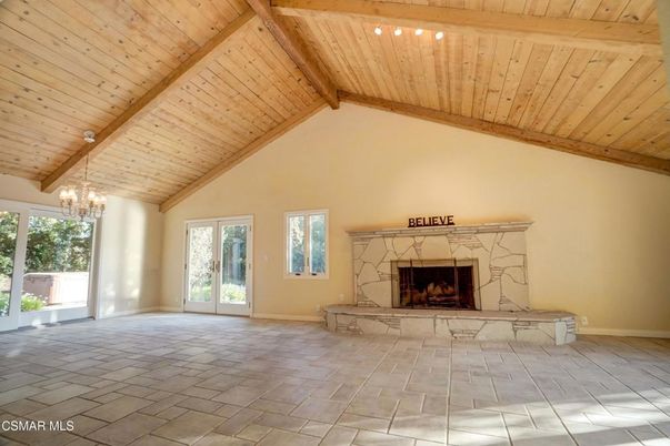 Chandelier, Empty room, Fireplace, Interior, Wooden Beams, Wooden Ceilings